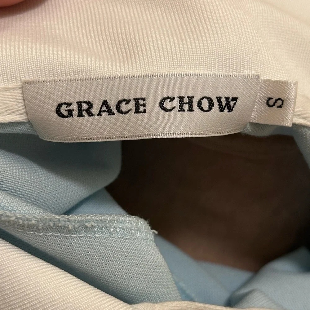 Grace Chow powder blue short sleeve mini shirt dress collared 3D wings Small - Picture 13 of 14